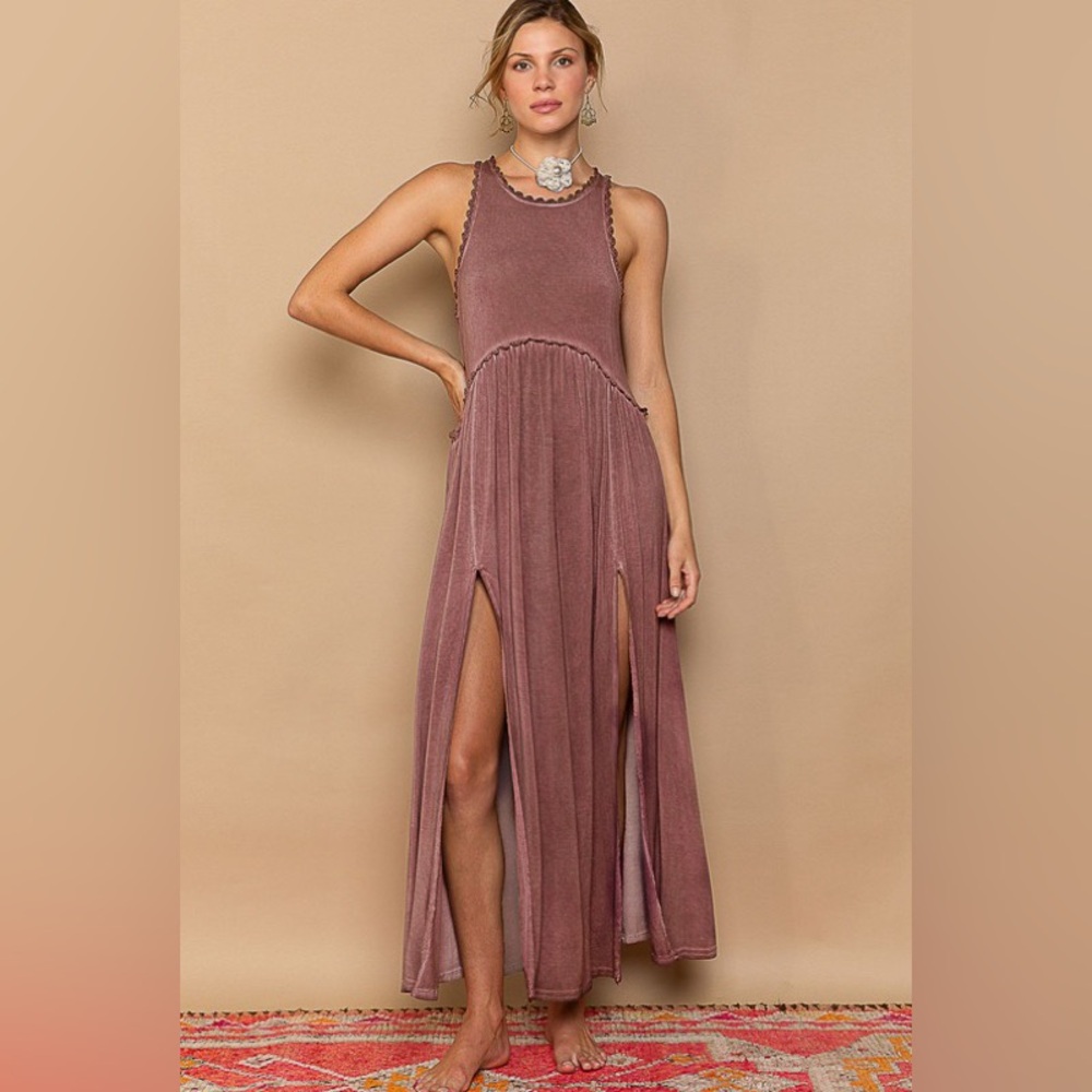 173B. Sleeveless Back Zip Front Slits Maxi Dress - Burgundy